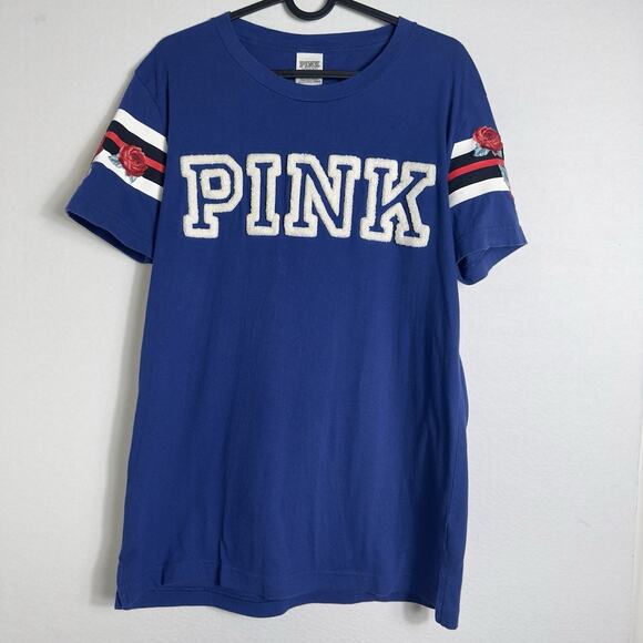 Victoria’s Secret "PINK" Womens Blue T-Shirt Small Rose Sleeve Applique Logo - Picture 2 of 8